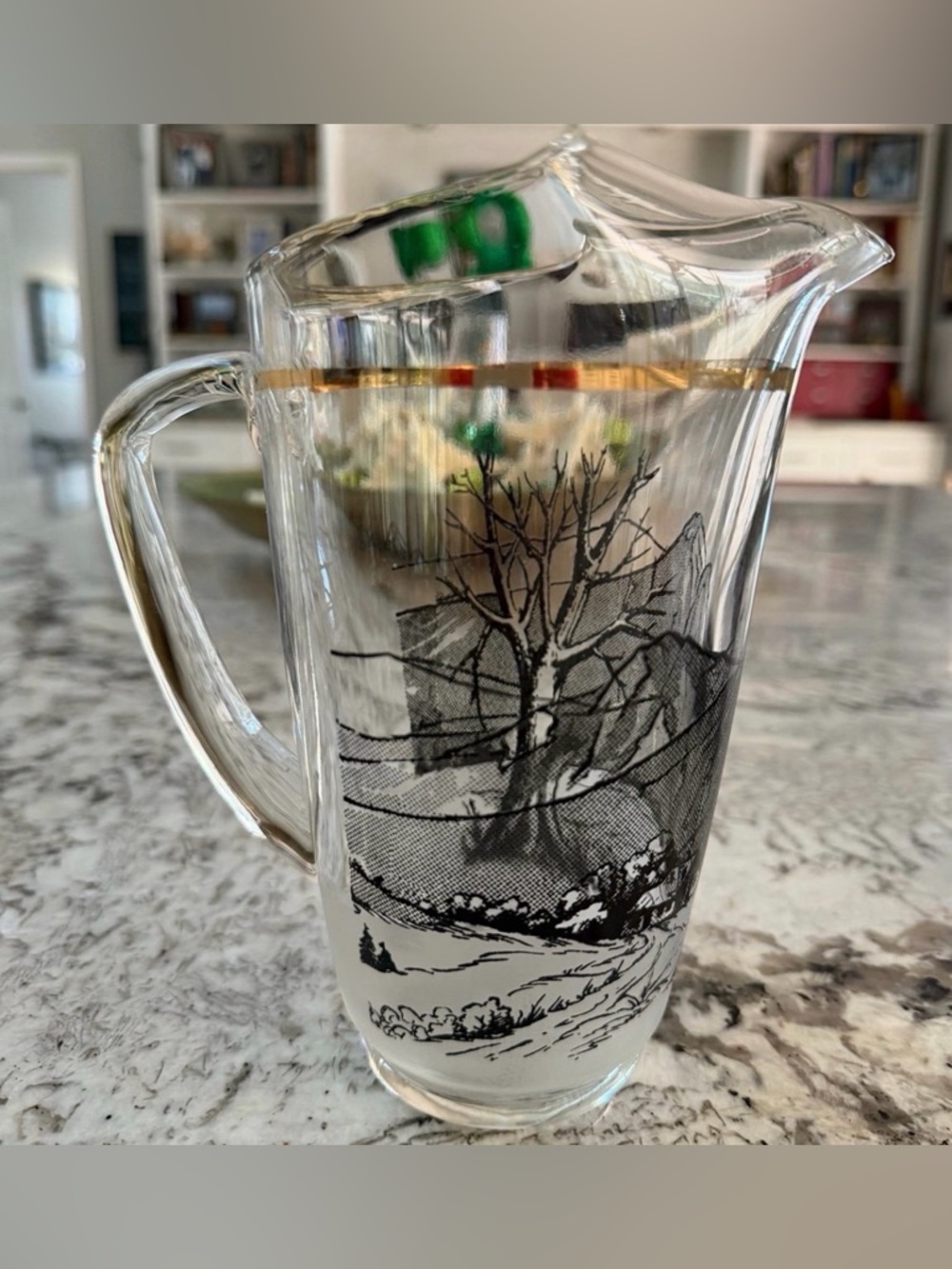 Vtg MCM Glass Pitcher Black Winter Tree Mountain Scene Gold Rim Ice Lip 7” - Picture 6 of 12